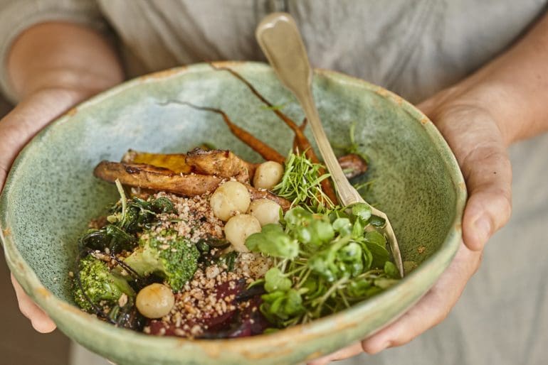 Brown rice super bowl with macadamia za'atar