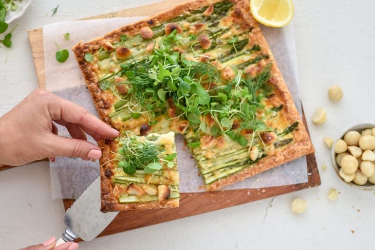 Asparagus, macadamias and Gruyere tart