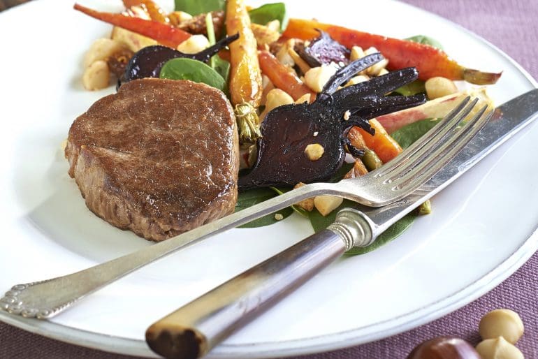 Nuts for Life recipe - Beef fillet with warm roasted veg and nut salad