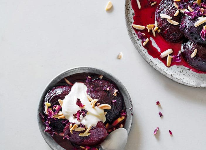 Roasted Rose Scented Plums with Slivered Almonds