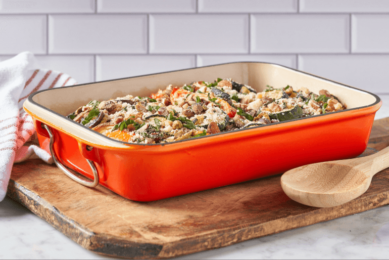 Oven roasted veggies with mixed nut crumble