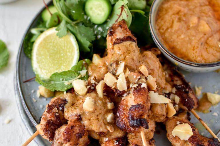 Thai style macadamia chicken satay skewers
